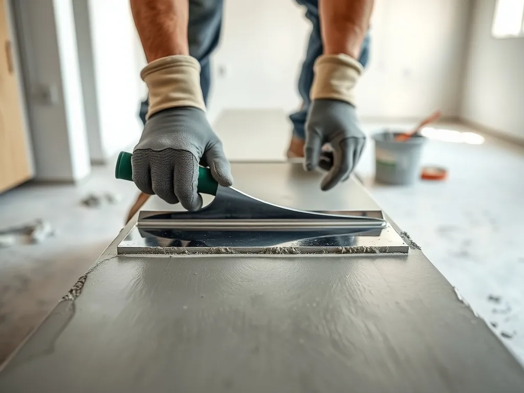 Pracownik w rękawicach wyrównuje świeży beton na prostych schodach wewnętrznych, dbając o równą i trwałą powierzchnię.