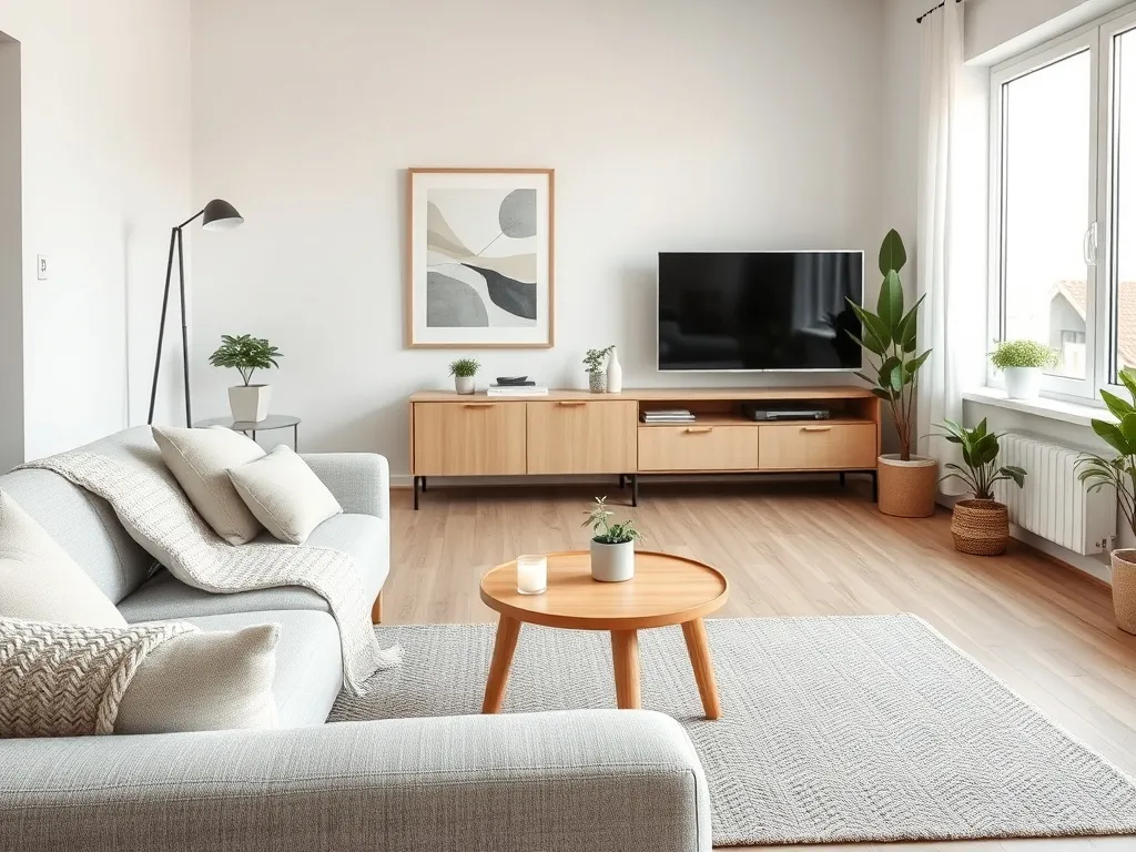 Jasny salon w stylu skandynawskim z szarą sofą, drewnianym stolikiem, roślinami i minimalistycznymi dekoracjami.