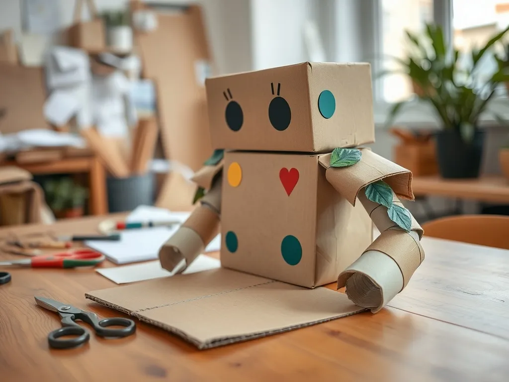 Ręcznie zrobiony ekologiczny strój robota z kartonu dla chłopca, z recyklingu, leży na stole w jasnym, przytulnym pokoju.