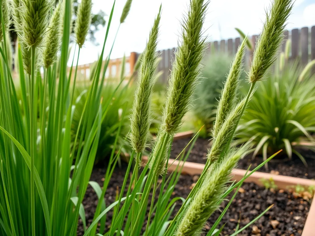 Gęsty miskant olbrzymi z puszystymi kwiatostanami w ogrodzie, pokazujący docelową wysokość i efekt dekoracyjny trawy.