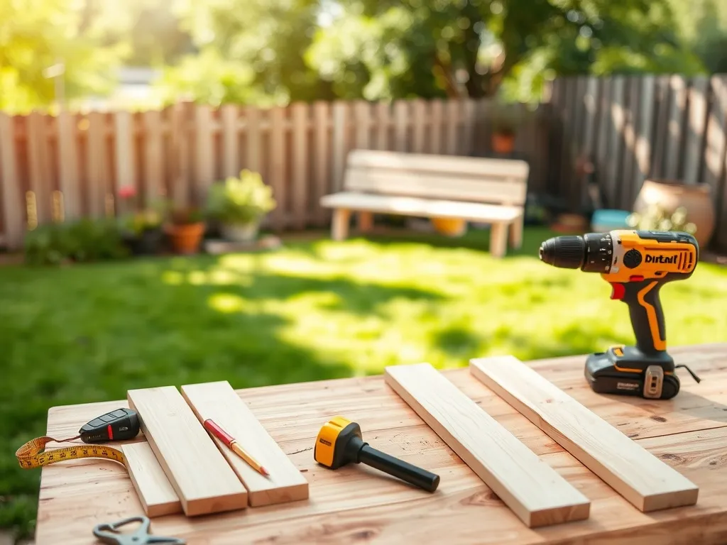 Stanowisko DIY w ogrodzie: stół z narzędziami i częściowo złożoną ławką z desek w słonecznym, przytulnym otoczeniu.