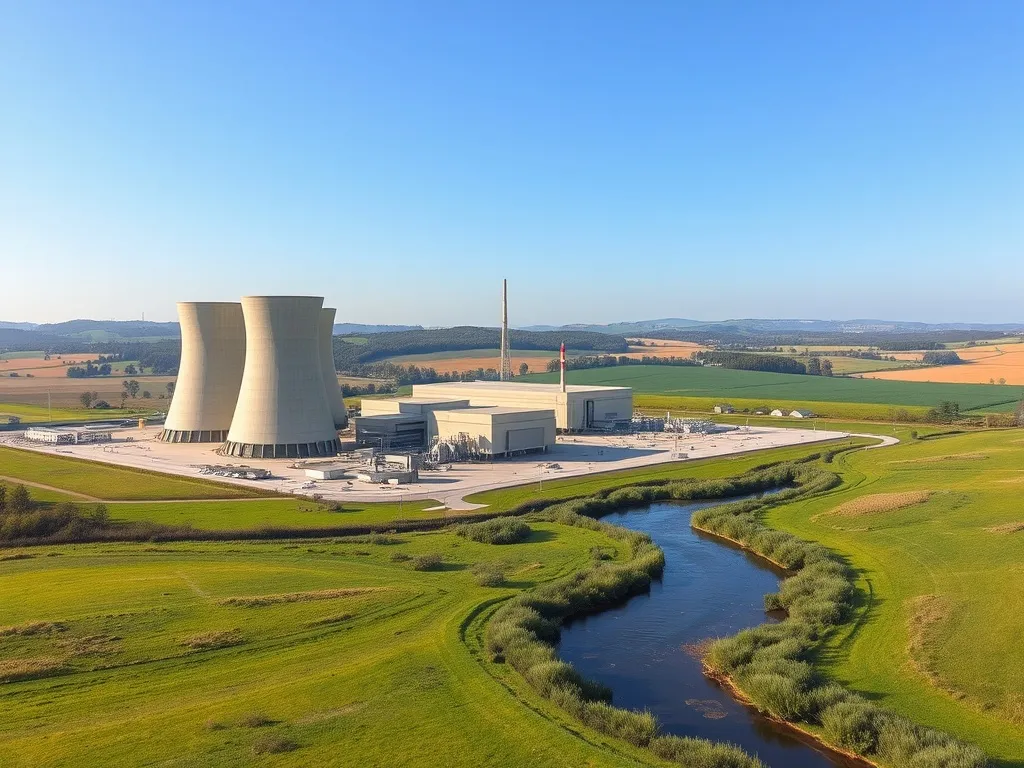 Francuska elektrownia jądrowa w zielonym krajobrazie, pokazująca skalę i otoczenie energetyki atomowej we Francji