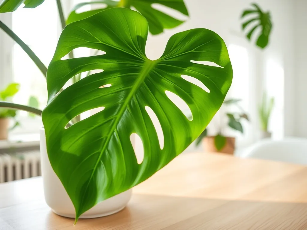 Zdrowa monstera w białej doniczce na jasnym stole, ilustrująca bujny wzrost rośliny w jasnym, nowoczesnym wnętrzu.