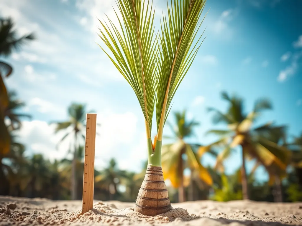 Młoda palma w piasku z drewnianą miarką obok, na tle wyższych palm, ilustrująca tempo wzrostu i wysokość.