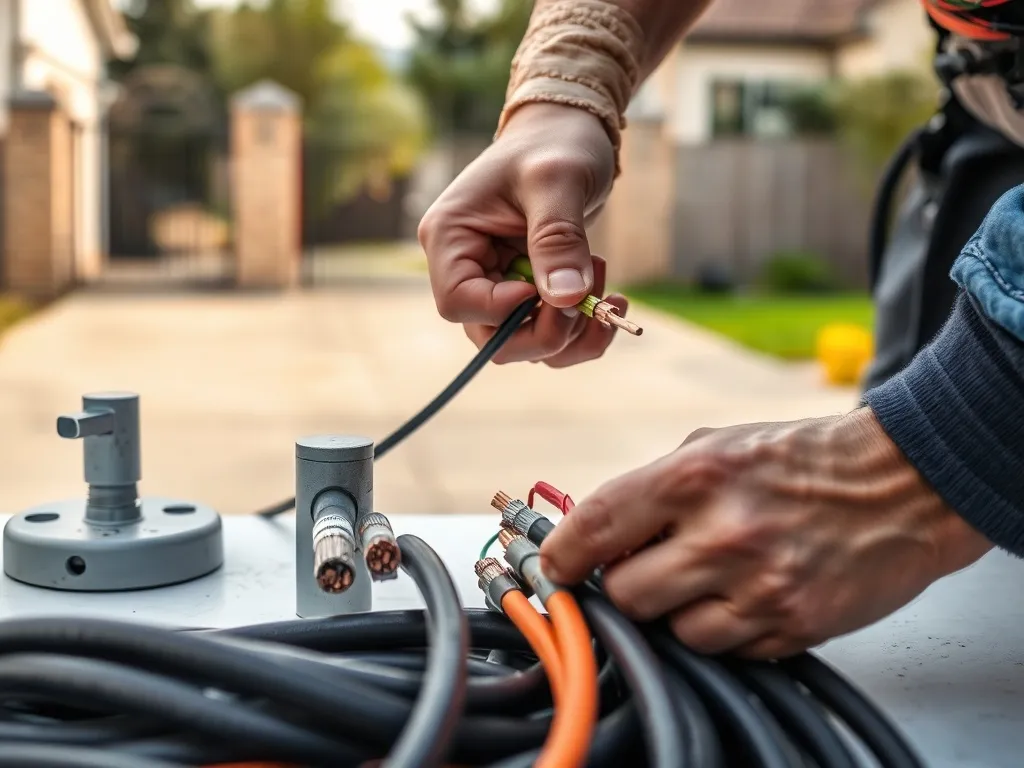 Elektryk porządkuje różne kable do zasilania bramy i furtki, na tle ogrodzenia w spokojnym, przydomowym otoczeniu