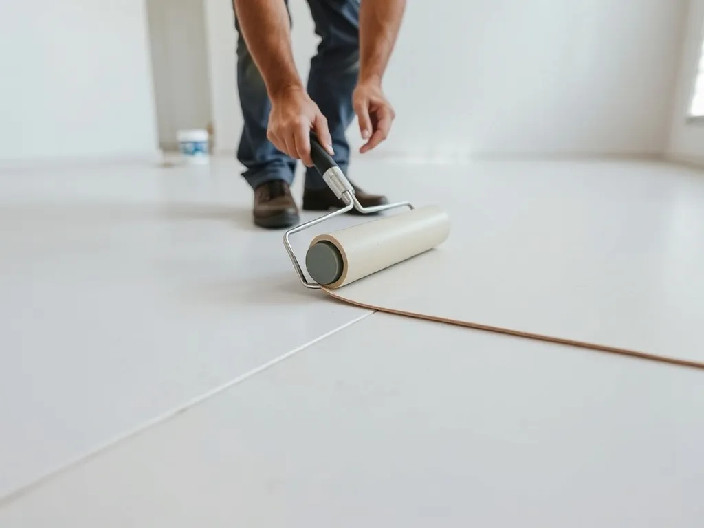 Ręce fachowca dociskają linoleum na gładkiej posadzce betonowej wałkiem, wyrównując łączenie w jasnym, pustym pokoju.