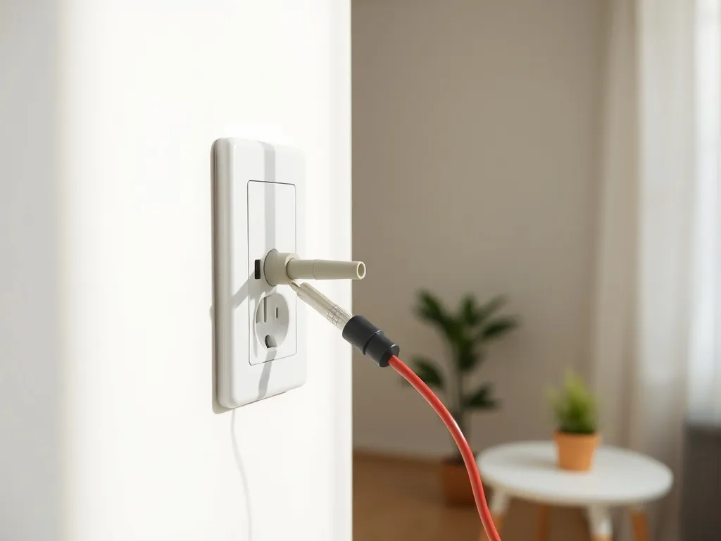 Multimetr sprawdzający uziemienie w białym gniazdku elektrycznym w jasnym, uporządkowanym wnętrzu.