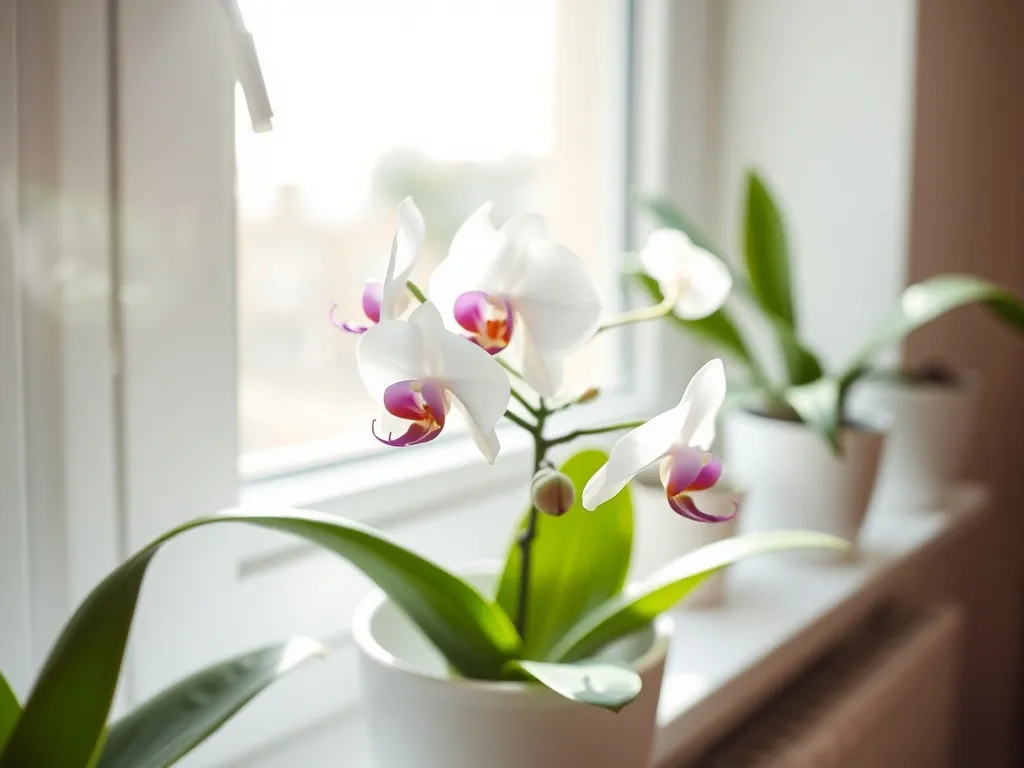 Storczyk Dendrobium nobile w białej doniczce na jasnym parapecie, zdrowe liście i biało‑fioletowe kwiaty w naturalnym świetle