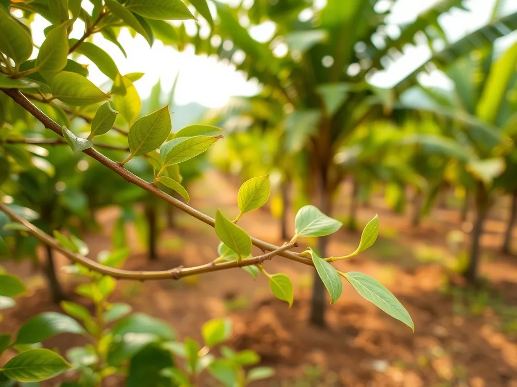 Młode gałązki drzewa cynamonowego z błyszczącymi liśćmi na tle tropikalnej plantacji, ukazujące naturalne środowisko uprawy.