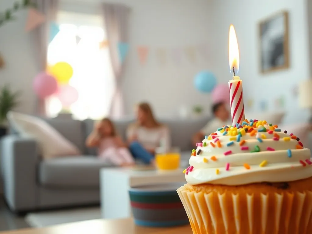 Kolorowa urodzinowa babeczka z zapaloną świeczką na tle pastelowych balonów, tworząca radosny, rodzinny nastrój.