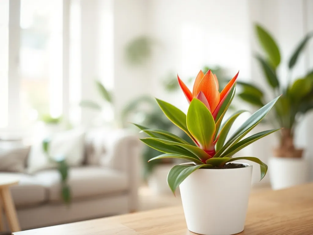 Kolorowa bromelia w białej doniczce na drewnianym stole w jasnym salonie, przykład dekoracyjnej rośliny doniczkowej w domu.