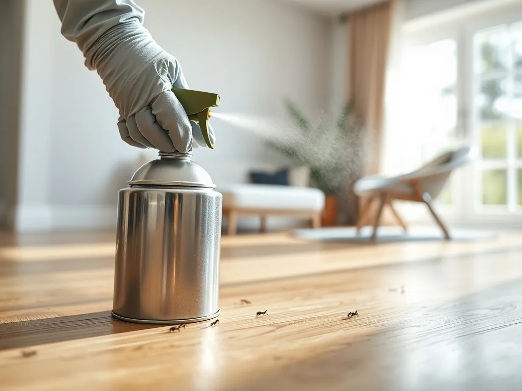 Ręka w rękawiczce rozpylająca środek fumigacyjny na drewnianą podłogę z insektami w jasnym, czystym wnętrzu pokoju.