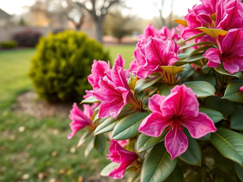 Kwitnący rododendron w ogrodzie, różowo‑fioletowe kwiaty i błyszczące liście, przykład zdrowej rośliny w czasie kwitnienia.