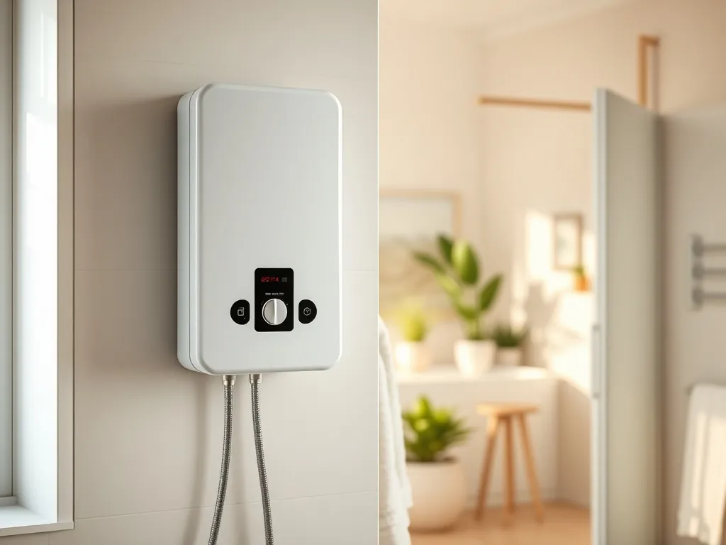 Nowoczesna łazienka z białym elektrycznym bojlerem – przykład estetycznego podgrzewacza wody dla małej rodziny.