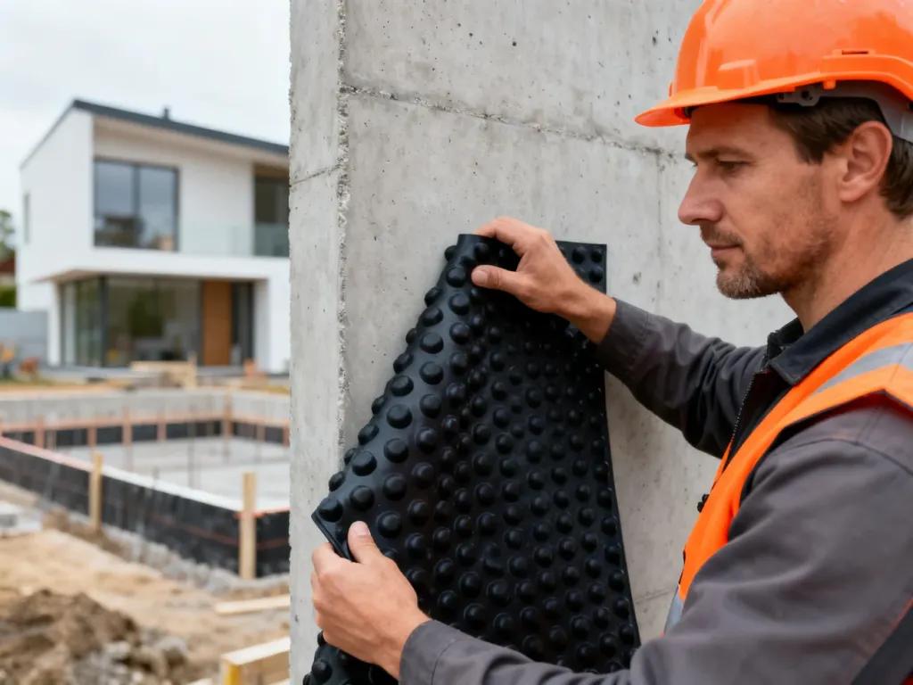 Pracownik budowlany montuje czarną folię kubełkową na betonowej ścianie fundamentowej domu.