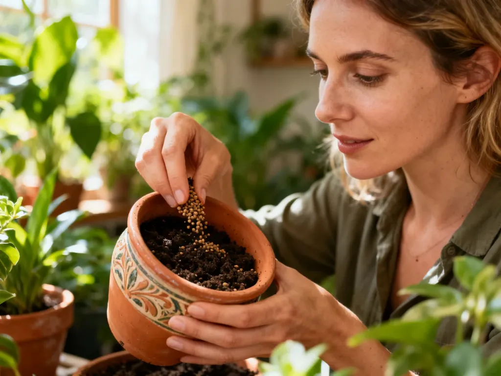 Kobieta nawozi roślinę doniczkową domowym nawozem organicznym w słonecznym ogrodzie.