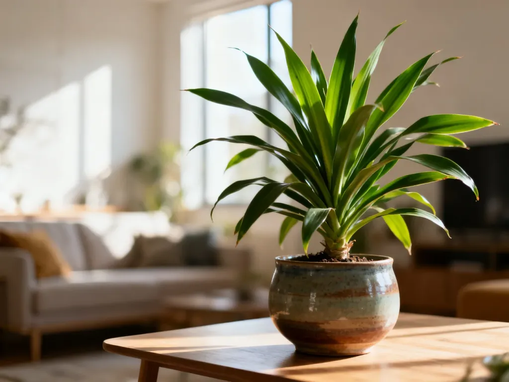 Zdrowa dracena w ceramicznej doniczce na drewnianym stole, ustawiona w jasnym, przytulnym salonie.