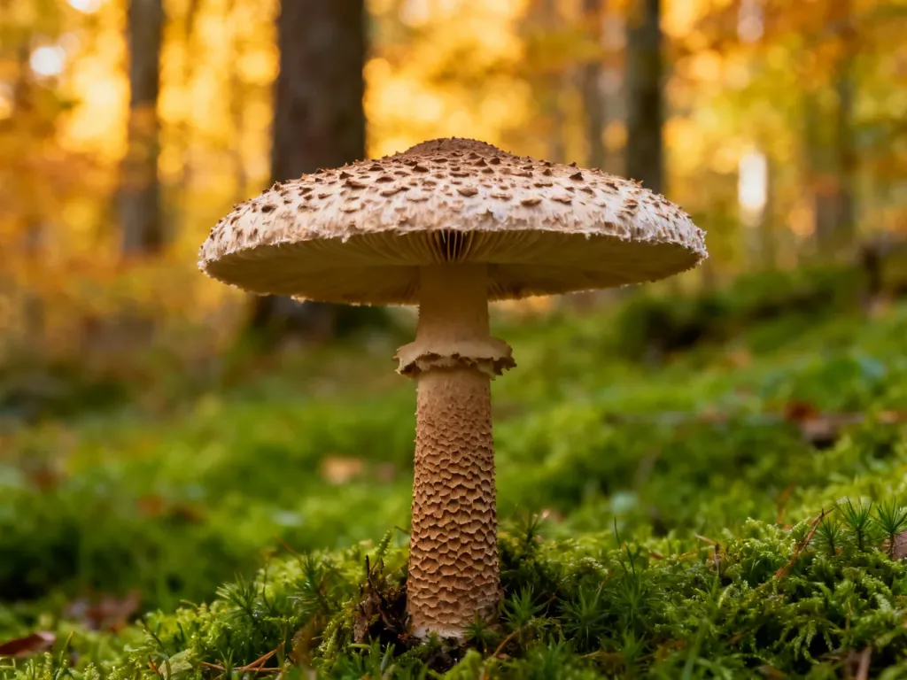 Świeża kania w jesiennym lesie z wyraźnie widoczną fakturą kapelusza i trzonu w naturalnym oświetleniu.