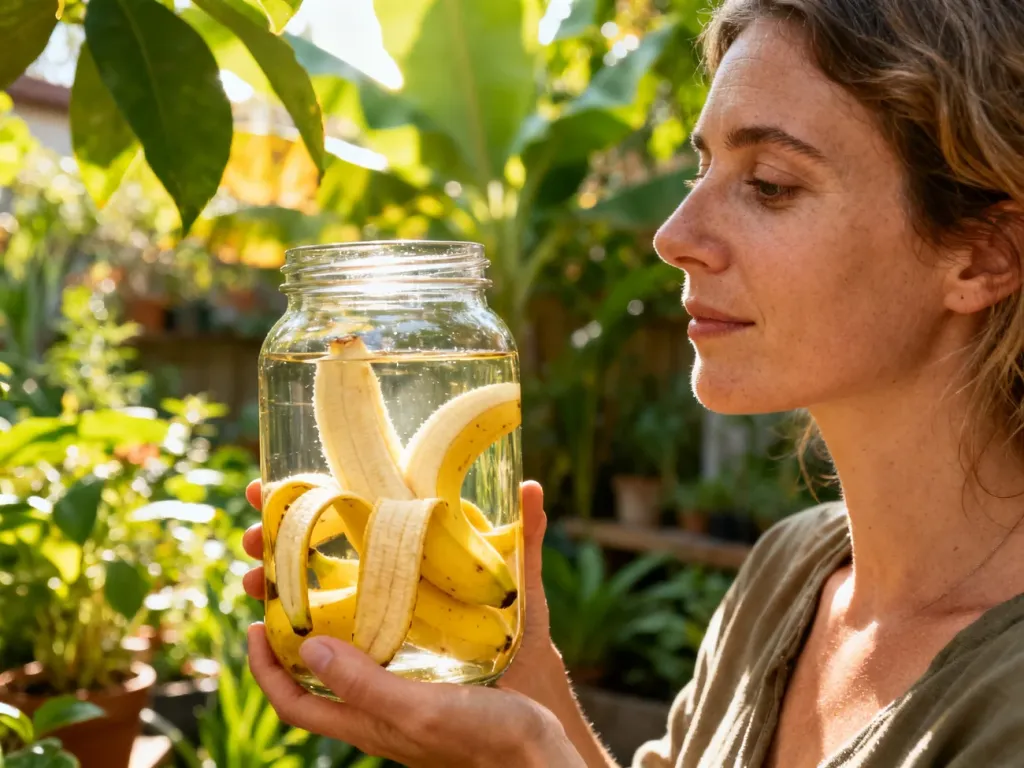 Kobieta trzyma słoik ze skórkami banana namoczonymi w wodzie, przygotowując domowy nawóz do roślin doniczkowych.
