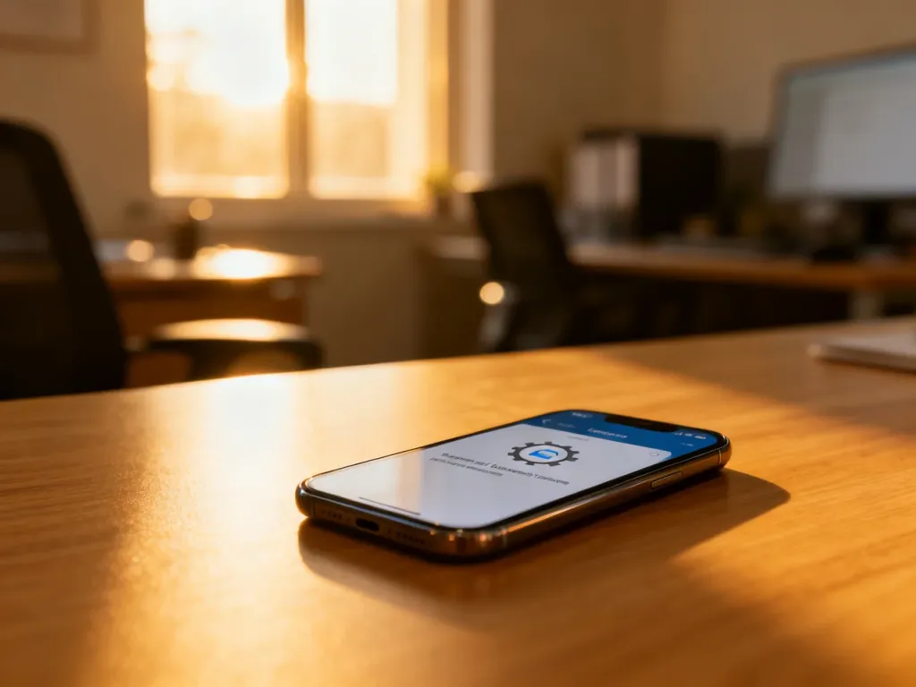 Ekran smartfona z ikoną resetowania systemu na drewnianym biurku w świetle poranka.
