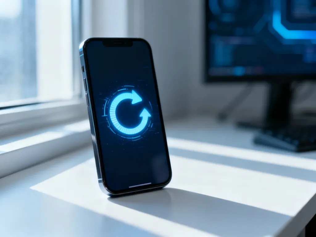 Nowoczesny smartfon leżący na biurku z wyświetloną ikoną resetowania systemu, symbolizującą przywracanie ustawień fabrycznych.