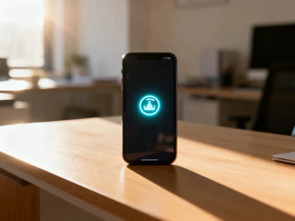 Smartfon z ikoną resetowania ustawień fabrycznych na ekranie, leżący na drewnianym biurku w domowym biurze.