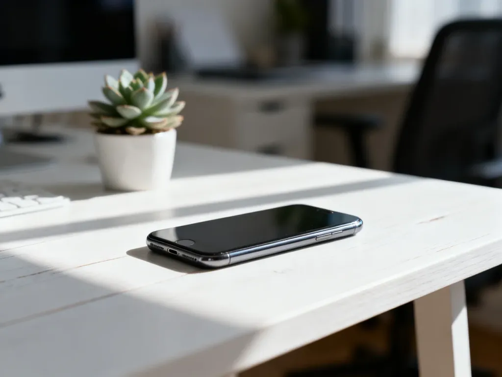 Nowoczesny smartfon leżący na białym biurku w jasnym, domowym biurze.