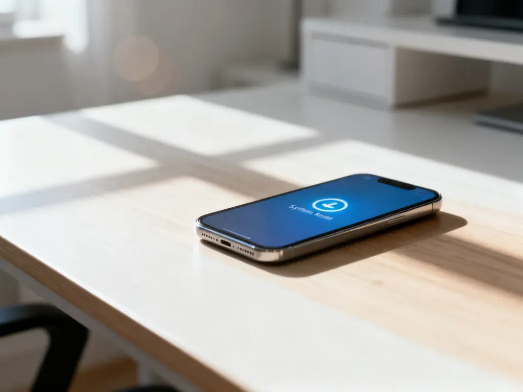 Nowoczesny smartfon leżący na drewnianym biurku z widoczną ikoną resetowania systemu na ekranie.