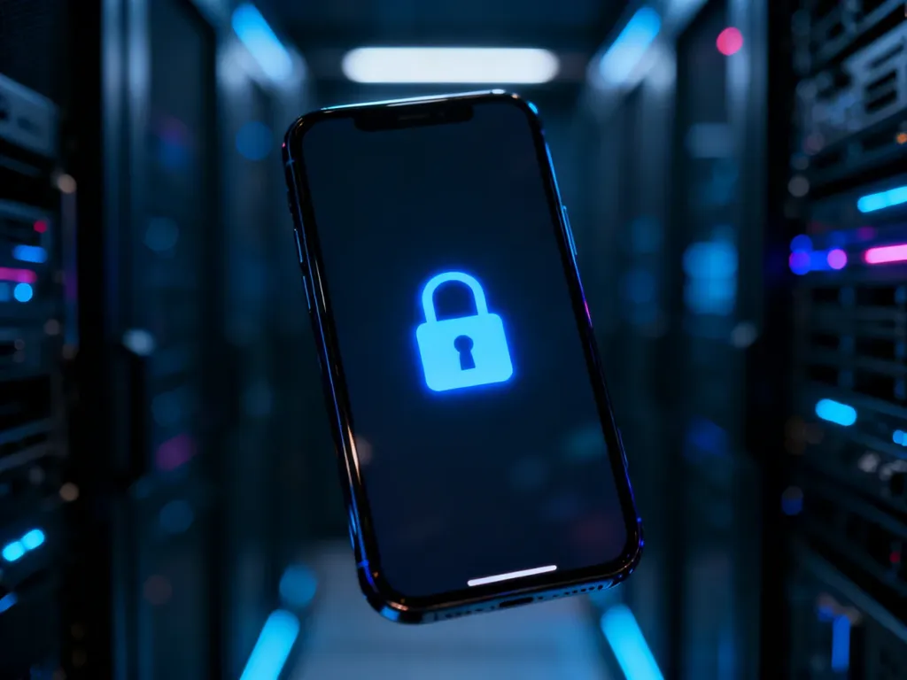 Ekran smartfona z ikoną kłódki symbolizującą blokadę urządzenia w ciemnym, technologicznym otoczeniu.