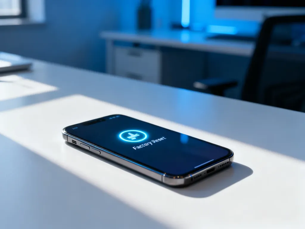 Nowoczesny smartfon na biurku z ikoną resetowania ustawień fabrycznych na ekranie.