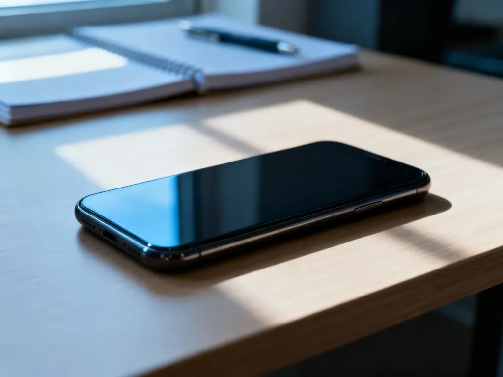 Nowoczesny smartfon leżący na drewnianym biurku, gotowy do przeprowadzenia procedury resetowania ustawień.