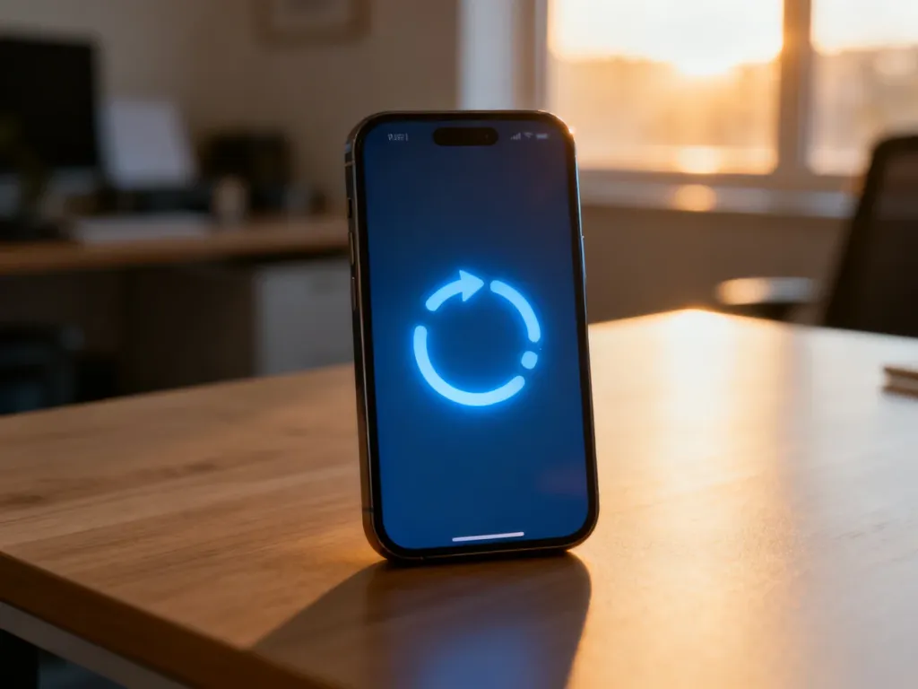 Nowoczesny smartfon z ikoną resetowania na ekranie, leżący na drewnianym biurku w domowym biurze.