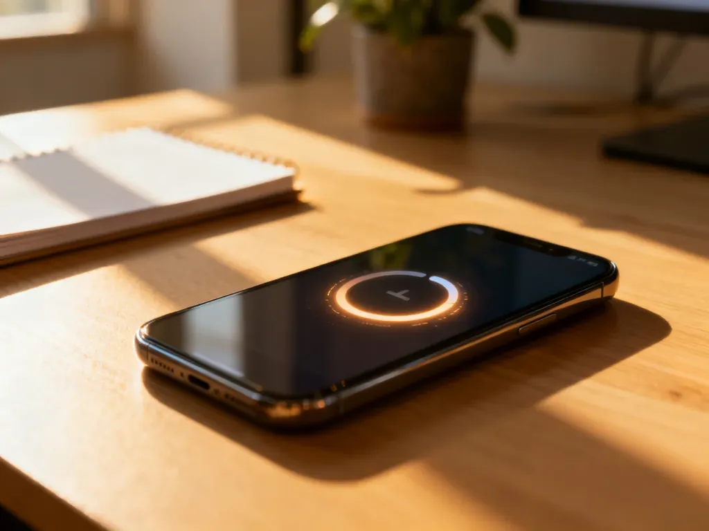 Nowoczesny smartfon na drewnianym biurku z ikoną ładowania na ekranie, symbolizującą proces resetowania ustawień.