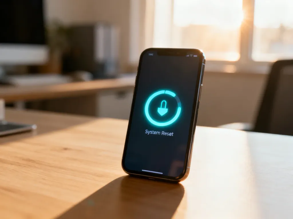 Nowoczesny smartfon na drewnianym biurku z ikoną resetowania systemu na ekranie, symbolizującą przywracanie ustawień.