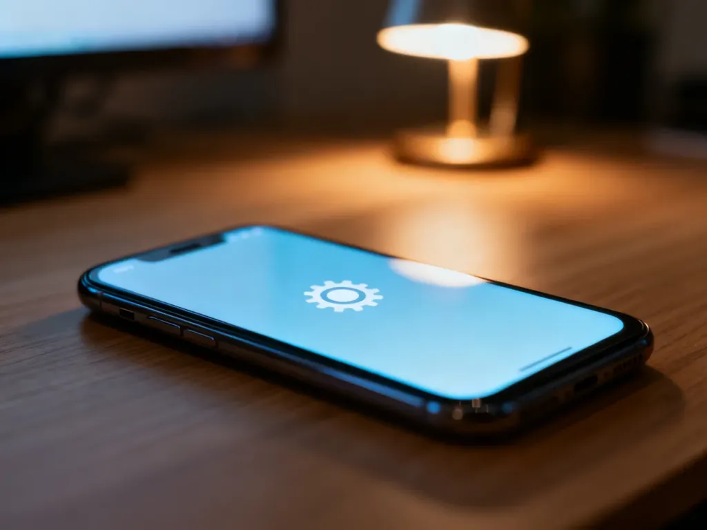 Nowoczesny smartfon leżący na biurku z wyświetloną ikoną ustawień systemowych.