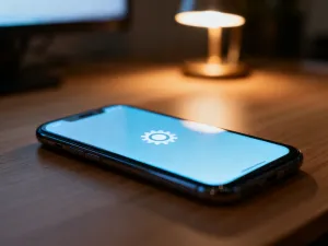 Nowoczesny smartfon na drewnianym biurku z ikoną resetowania systemu na ekranie, symbolizującą przywracanie ustawień.