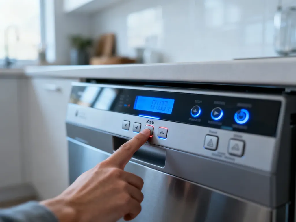 Palec naciskający przycisk resetu na nowoczesnym panelu sterowania zmywarki Siemens.