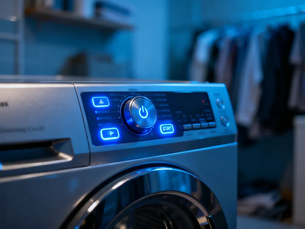 Panel sterowania nowoczesnej pralki Samsung z podświetlanymi przyciskami zasilania oraz start/pauza.