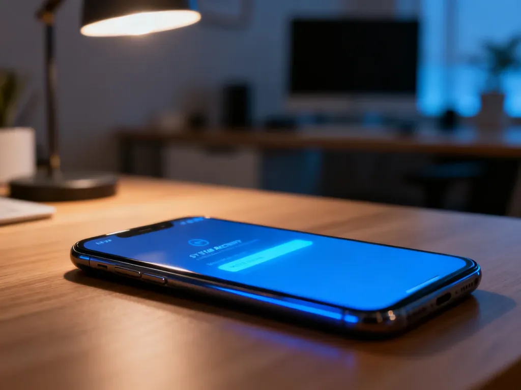 Smartfon z włączonym ekranem trybu odzyskiwania systemu leżący na drewnianym biurku.