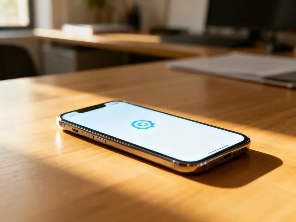 Nowoczesny smartfon z ikoną odzyskiwania systemu na ekranie, leżący na drewnianym biurku w domowym biurze.