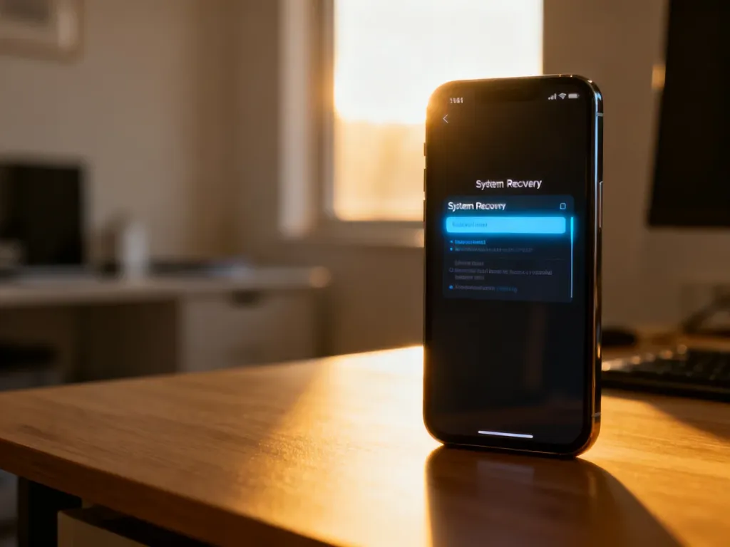 Nowoczesny smartfon z widocznym menu odzyskiwania systemu na ekranie, spoczywający na drewnianym biurku.